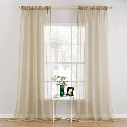 MIULEE 2 Panels Solid Color Sheer Window Curtains Elegant Window Voile Panels/Drapes/Treatment for Bedroom Living Room (54 X 120 Inches Beige)