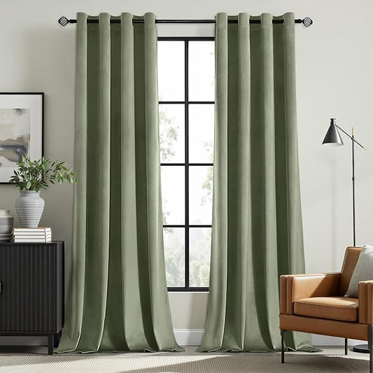 MIULEE Velvet Curtains Sage Green Elegant Grommet Curtains Thermal Insulated Soundproof Room Darkening Curtains/Drapes for Classical Living Room Bedroom Decor 52 x 63 Inch Set of 2