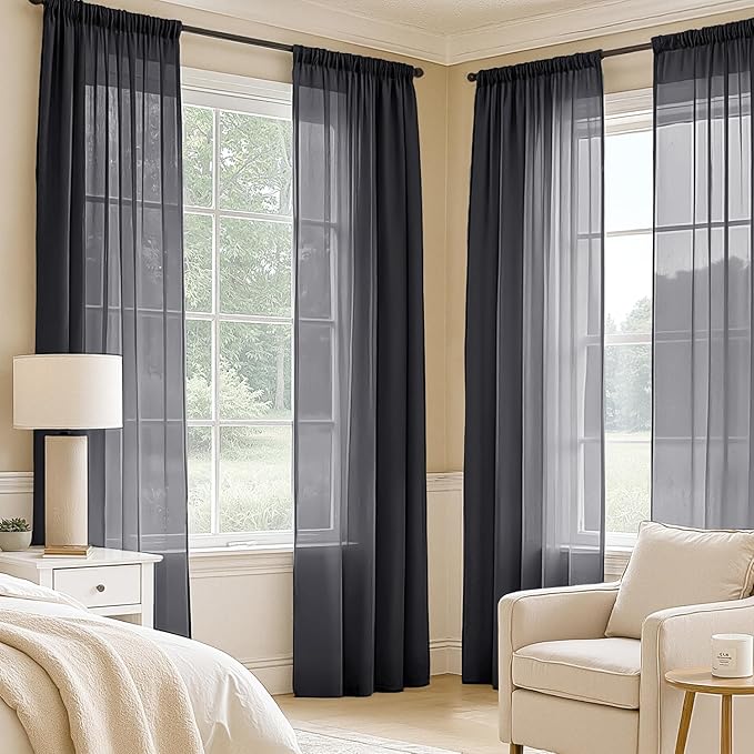 MIULEE Black Sheer Curtains 96 Inches Long, 4 Panels Set, Light Filtering Halloween Rod Pocket Voile Drapes for Living Room and Bedroom, Airy Soft Fabric Window Treatments, 54 x 96 Inches