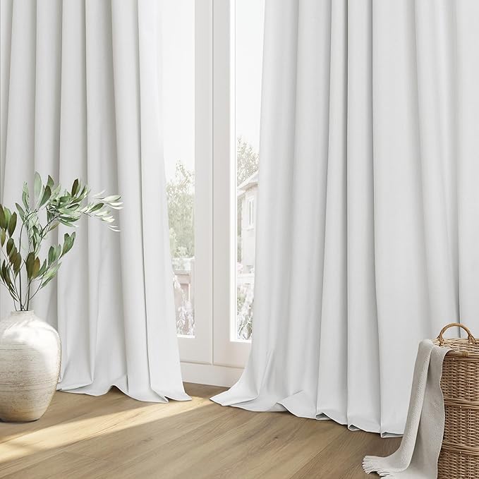 Guken White 100% Blackout Linen Curtains 52 Inch Wide by 138 Inch for Living Room Bedroom Back Tab Thermal Insulated Black Out Linen 2 Drapes Room Darkening Window Curtains
