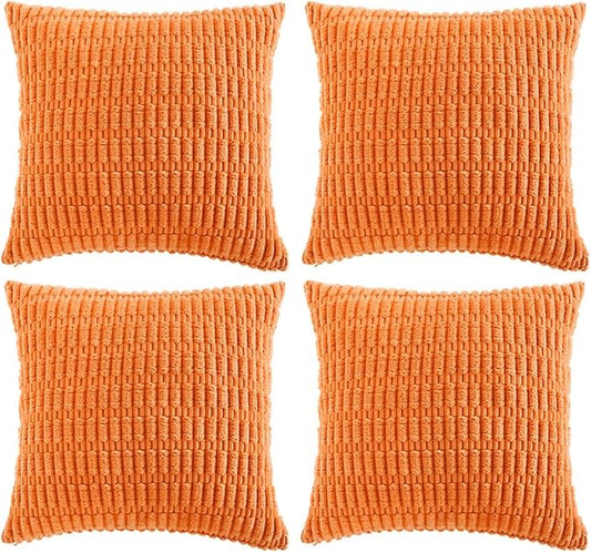 Fancy Homi 4 Packs Orange Fall Decorative Throw Pillow Covers 22x22 Inch for Couch Living Room Bed Sofa, Halloween Pumpkin Autumn Home Decor, Soft Cute Plush Corduroy Striped Cushion Case 55x55 CM
