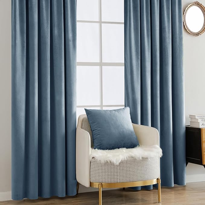 MIULEE Velvet Curtains 108 inches - Luxury Blackout Curtains for Bedroom Living Room Thermal Insulated Super Soft Window Drapes Rod Pocket & Back Tab, Stone Blue, W52 x L108 inches, 2 Panels