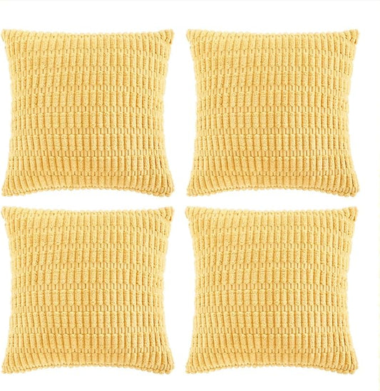 Fancy Homi 4 Packs Yellow Euro Decorative Throw Pillow Covers 26x26 Inch for Living Room Couch Bed Sofa, Rustic Farmhouse Boho Home Decor, Soft Striped Corduroy Square Cushion Case 66x66 cm