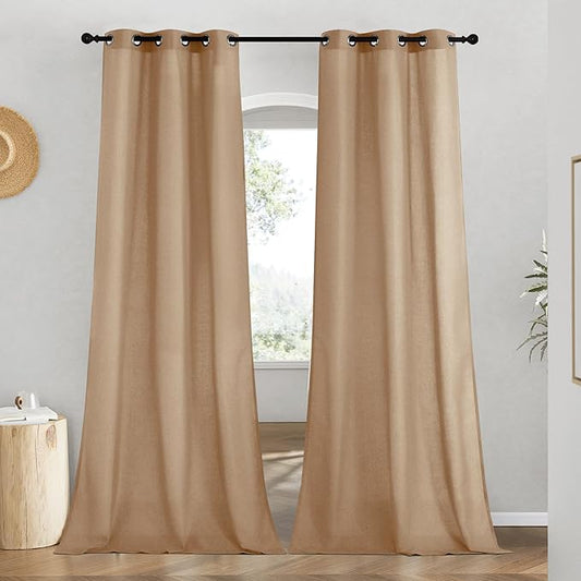 NICETOWN Rustic Linen 96 inch Long Curtains for Living Room, Grommet Privacy Added Thick Linen Weave with Light Filter Window Curtains & Drapes for Bedroom, Camel, W42 x L96, 2 Panels