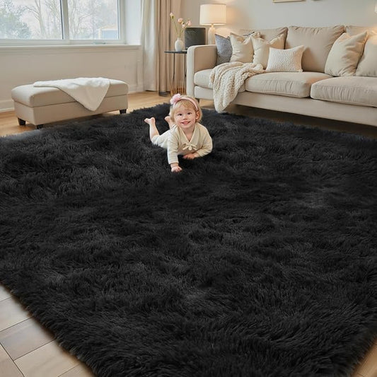 Rugs for Living Room 6x9, Alfombras para Salas Shag Large Plush Soft Area Rug, Shaggy Carpets for Bedroom, Kids Boys Girls Home Decor Aesthetic(Black, 6 x 9 Feet)
