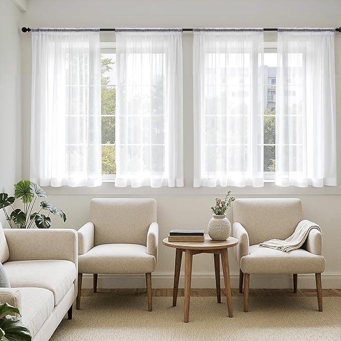 MIULEE Short Sheer Curtains 45 Inches Long, 4 Panels Set, Light Filtering Rod Pocket Curtains for Kitchen/Bathroom Small Windows, 42W x 45 Inches, White