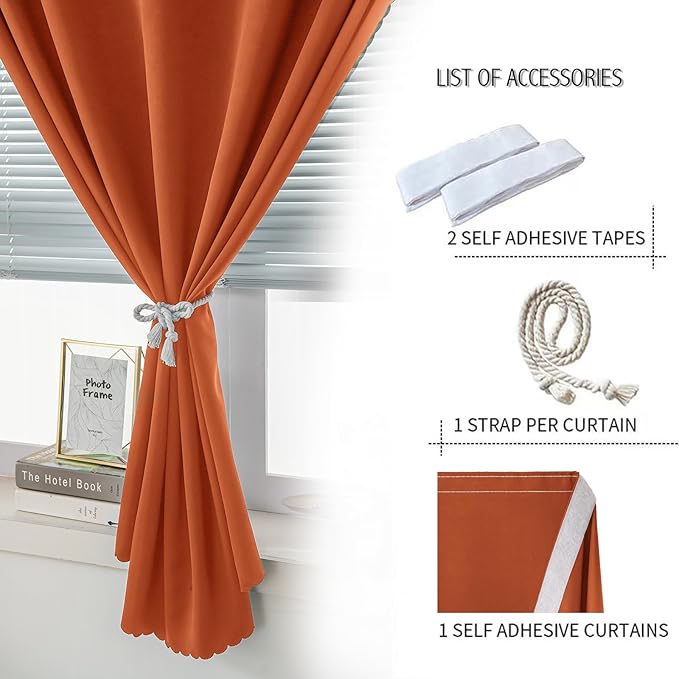 Self Adhesive Curtains Portable Blackout Curtain Simple and Easy to Install Bedroom Window Thermal Lnsulated Kitchen Room Darkening Black Small Drapes, 47" W X 71" L, Orange, 1 Panel
