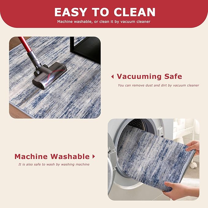 KOZYFLY Modern Abstract Washable Rug Runner 2.6x12 Hallway Rug Runner Non-Slip Soft Kitchen Runner Rugs, Grey-Blue Striped Carpet for Entryway Bathroom Laundry Room Foyer