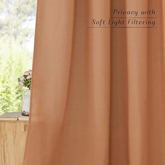 NICETOWN Linen Burnt Orange Curtains 90 inch Length 2 Panels, Grommet Privacy Added Thick Flax Linen Burlap Semi Sheer Light Filtering Window Treatments for Bedroom/Girls Room, W55 x L90