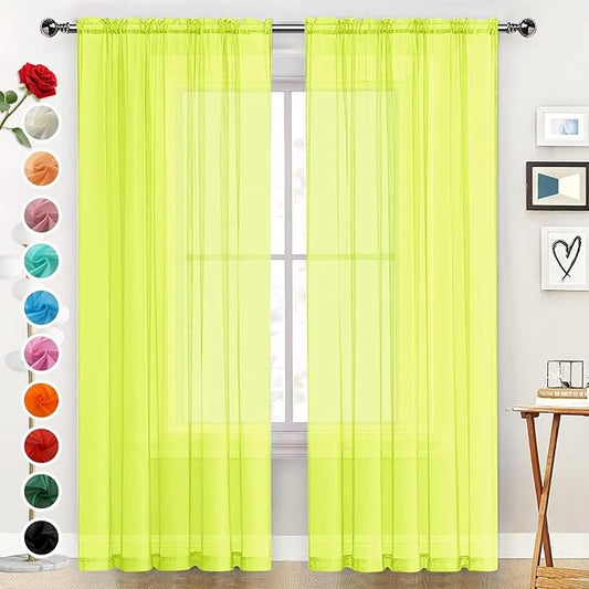 SpaceDresser Basic Rod Pocket Sheer Voile Window Curtain Panels Chartreuse 1 Pair 2 Panels 52 Width 108 Inch Long for Kitchen Bedroom Children Living Room Yard（Chartreuse, 52W x 108L）