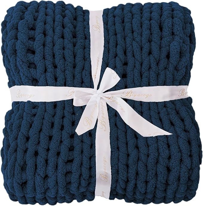 Bigacogo Chunky Knit Throw Blanket for Couch, 40x40 inches, 100% Hand Knitted with Thick Jumbo Chenille Yarn, Cozy Soft Large Rope Knot Cable Crochet Blankets for Sofa Bed Living Room, Navy Blue
