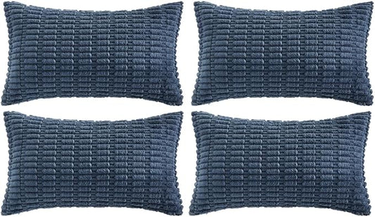 Fancy Homi 4 Packs Dusty Blue Decorative Throw Pillow Covers 16x24 Inch for Living Room Couch Bed Sofa, Rustic Farmhouse Boho Home Decor, Soft Plush Striped Corduroy Square Cushion Case 40x60 cm