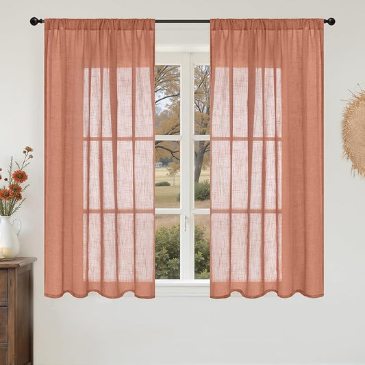 BGment Rust Terracotta Linen Curtains 45 Inch Length, Burnt Orange Semi Sheer Drapes for Bathroom Short Living Room Windows Lightweight with Rod Pocket, 2 Panels Set, Each 42 Inch Wide