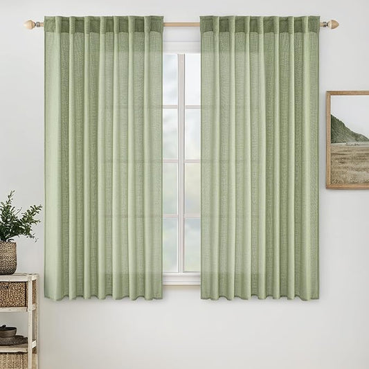 MIULEE Sage Green Short Linen Curtains 45 Inch Length 2 Panels for Kitchen Bedroom Bathroom, Soft Thick Linen Textured Basement Window Drapes Semi Sheer Light Filtering Back Tab Burlap Look Decor