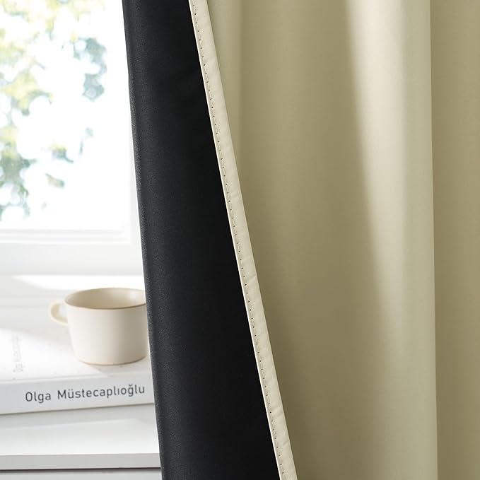 RYB HOME Bedroom Blackout Curtains 63 inches Long, 100% Blackout Thermal Insulated Noise Reducing Curtains for Living Room Nursury, 34 inches Wide by 63 inches Long, Beige
