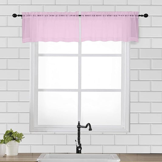 OVZME Light Pink Sheer Window Valance Curtains, Light Filtering Kitchen Valances Windows Treatment, Small Voile Sheer Curtains for Living Room/Bathroom/Basement, Top Dual Rod Pocket, 2PCS
