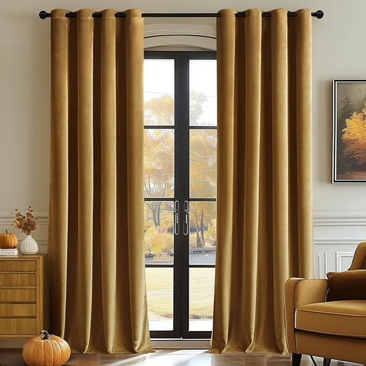 MIULEE Velvet Curtains Gold Elegant Grommet Curtains Fall Thermal Insulated Soundproof Room Darkening Drapes for Classical Living Room Bedroom Decor 52 x 84 Inch Set of 2
