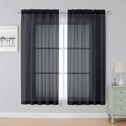 Simplebrand Black Sheer Curtains, 63" Length, 2 Panels Set - Light Filtering, Rod Pocket Window Curtains for Bedroom (Black, 59" W x 63" L)