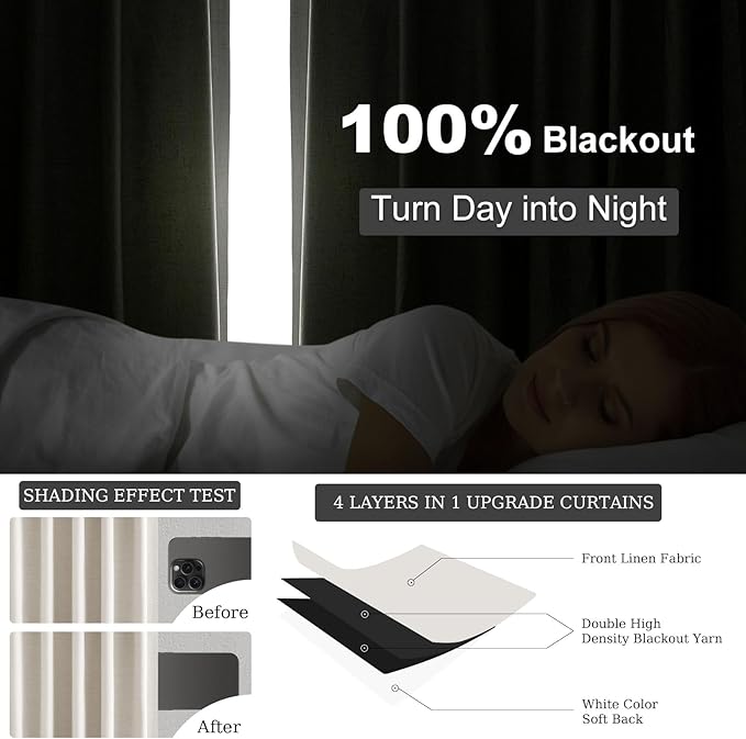 Cream Birch 84 Inch Longth 40 Inch Wide 100% Blackout Curtains 2 Panels Set for Bedroom Back Tab Rod Pocket Pleated Thermal Insulated Energy Efficient Cotton Linen Blend Decor(40"W x 84"L 2 Panels)