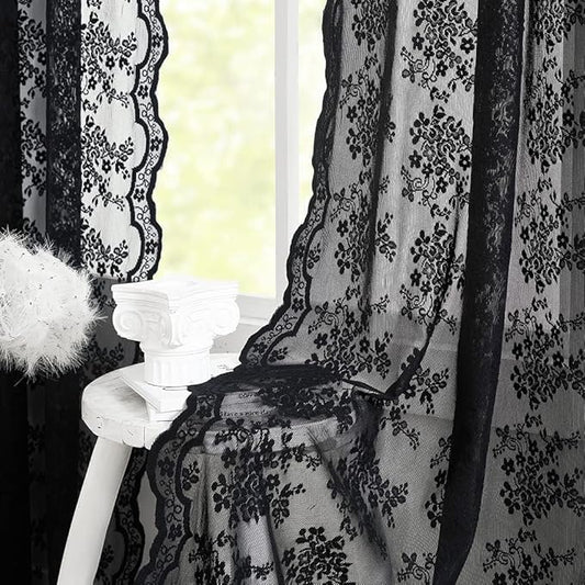 YJ YANJUN Vintage Lace Curtains 45 Inch Length-Victorian Dark Floral Pattern Black Sheer Curtain Panels for Kitchen Bedroom,Light Filtering, Gothic Witchy Halloween Short Drapes 2 Panels 52W x 45L