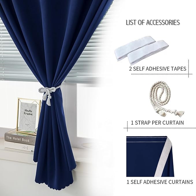 Self Adhesive Portable Blackout Curtains for Bedroom Easy to Install Window Thermal Lnsulated Kitchen Room Darkening Small Window Curtains, 35" W X 79" L, Navy Blue, 1 Panel