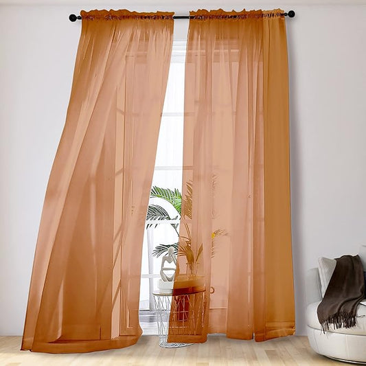 OVZME Orange Sheer Curtains 108 Inches Long, Light Filtering Semi Transparent Lightweight Voile Rod Pocket Window Curtains for Bedroom, Living Room, W42 x L108, Set of 2 Drape Panels