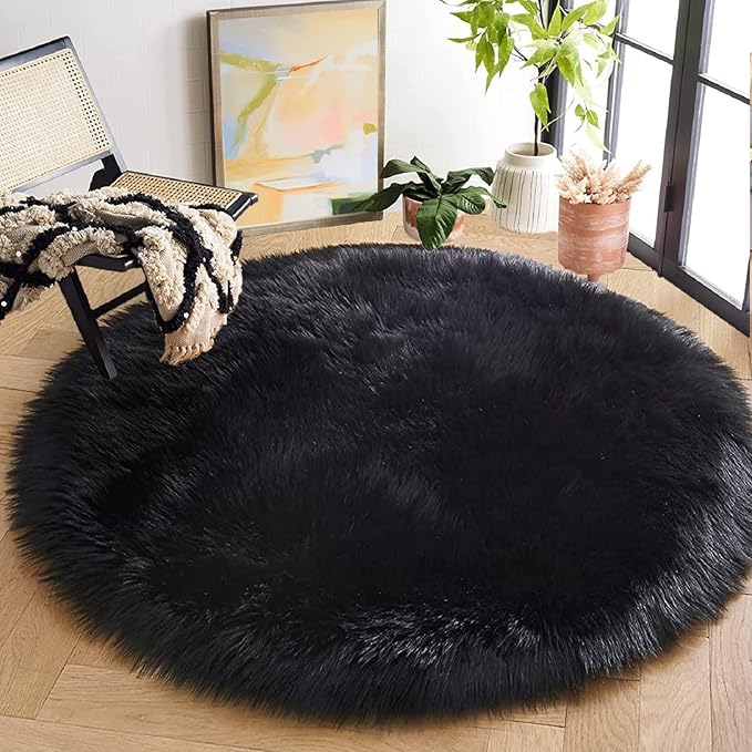 ORINOVA Washable Faux Fluffy Fur Round Area 6.6ft Rugs for Living Room Black Large Furry Rug for Bedroom Boho Circle Nursery Rug Teen Room Décor