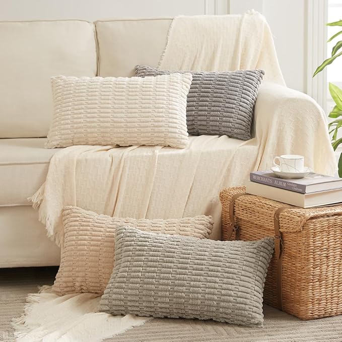 Fancy Homi 4 Packs Taupe Decorative Throw Pillow Covers 12x20 Inch for Living Room Couch Bed, Rustic Modern Farmhouse Boho Home Decor, Soft Plush Corduroy Cute Square Accent Cushion Case 30x50 cm
