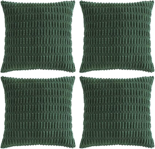 Fancy Homi Set of 4 Dark Green Boho Decorative Throw Pillow Covers 26x26 Inch for Couch Bed Sofa, Aesthetic Modern Bohemian Room Decor, Soft Fuzzy Fluffy Cozy Corduroy Textured Cushion Case 66x66cm