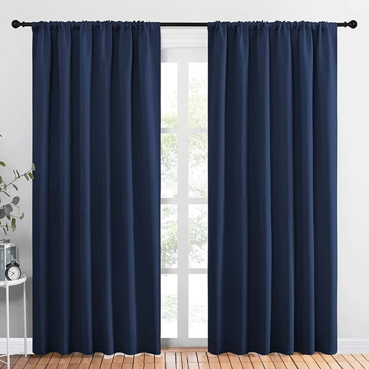 NICETOWN Living Room Curtains, Blackout Draperies, Home Decorations Thermal Insulated Solid Rod Pocket Blackout Drapes for Cafe (Navy, One Pair, 70 x 84-inch)