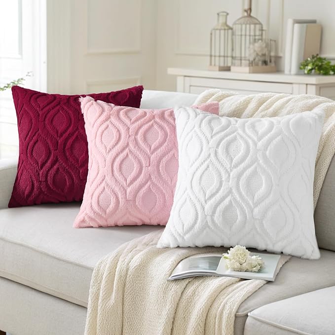 decorUhome Summer Throw Pillow Covers 22x22 Inch Set of 2, Soft Plush Faux Wool Light Pink Solid Couch Pillow Covers, Accent Euro Sham Farmhouse Neutral Square Pillow Cases for Sofa Bed Living Room