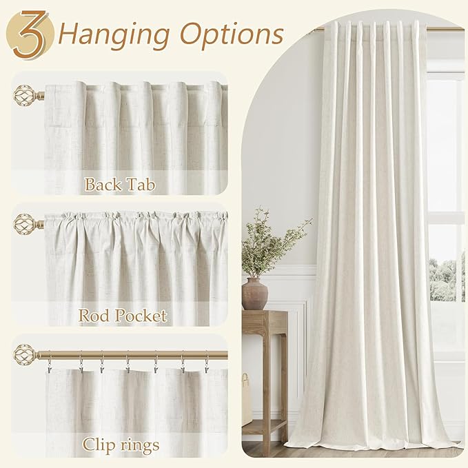 Guken Cream 100% Blackout Curtains 58 Inch Length 2 Panels Set for Living Room Bedroom Back Tab Thermal Insulated Black Out Linen Drapes Room Darkening Window Curtains