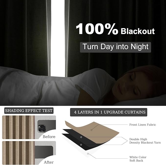Topfinel 100 Inch Long Black Out Burlap Custom Curtains, Taupe Greige Tweed Pleated Window Coverings, Nursery Winter Boho Farmhouse Heat Sound Block Back Tab Curtains for Sliding Door Bay Window