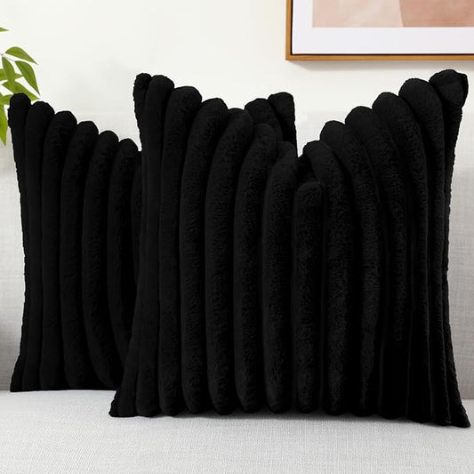 decorUhome Cozy Faux Fur Throw Pillow Covers 16x16 Set of 2 Decorative Soft Plush Striped Modern Farmhouse Boho Couch Pillow Cases with Velvet Back for Sofa Bed Living Room, Black