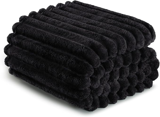 Exclusivo Mezcla King Size Flannel Fleece Blanket, Super Soft Striped Jacquard Bed Blanket, Lightweight Fuzzy Cozy for All Seasons, 90x104 Inches, Black