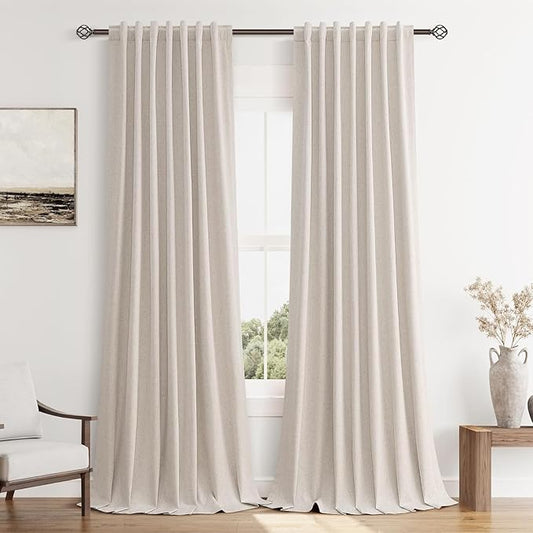 Guken 100% Blackout Curtains 84 Inch Length 2 Panels Set for Living Room Bedroom Back Tab Thermal Insulated Black Out Linen Drapes Room Darkening Window Curtains 84 Inches Long, Sand Beige