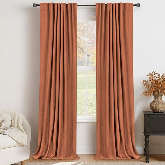 100% Blackout Shield Linen Blackout Curtains for Bedroom 90 Inches Long, Back Tab/Rod Pocket Living Room Drapes, Thermal Insulated Blackout Curtains 2 Panels Set, 50" W x 90" L, Burnt Orange
