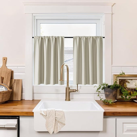 RYB HOME 100% Blackout Basement Curtains 24 inches Long, Heat & UV Blocking Total Room Darkening Noise Reducing Curtains for Bathroom RV Campers, Natural, 2 Panels Set