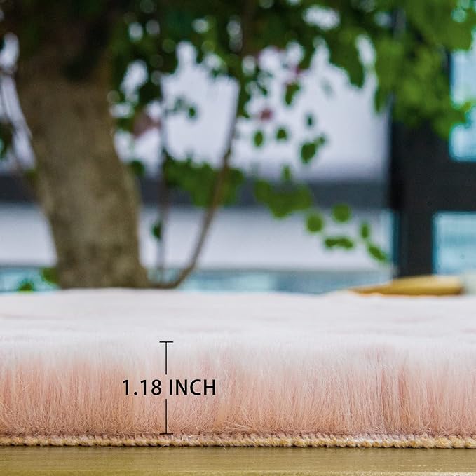 ORINOVA Pink Boho Faux Rabbit Fluffy Fur Rugs for Bedroom Shag Circle Washable Area Rugs for Living Room Nursery Round Rug 4ft