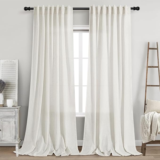 Beige White Linen Curtains for Living Room Extra Long 110 Inches Long Back Tab Light Filtering Semi Sheer Curtain Farmhouse Decor Floor to Ceiling High Window for Bedroom Office 52x110, 2 Panels