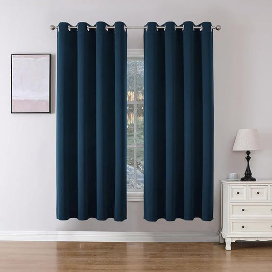 Joydeco Blackout Curtains 63 Inch Length 2 Panels Set, Thermal Insulated Long Curtains& Drapes 2 Burg, Room Darkening Grommet Drapes for Bedroom Living Room Window (Navy Blue, W52 x L63 Inch)