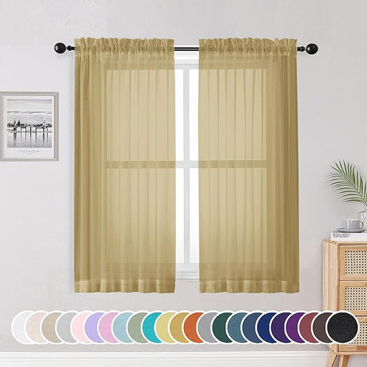 OWENIE Sheer Curtains 54 Inch Length 2 Panels Set, Gold Sheer Curtain for Living Room, Clear Short Curtains for Small Window, 2 Pcs 84 Width 54 Long, Gold