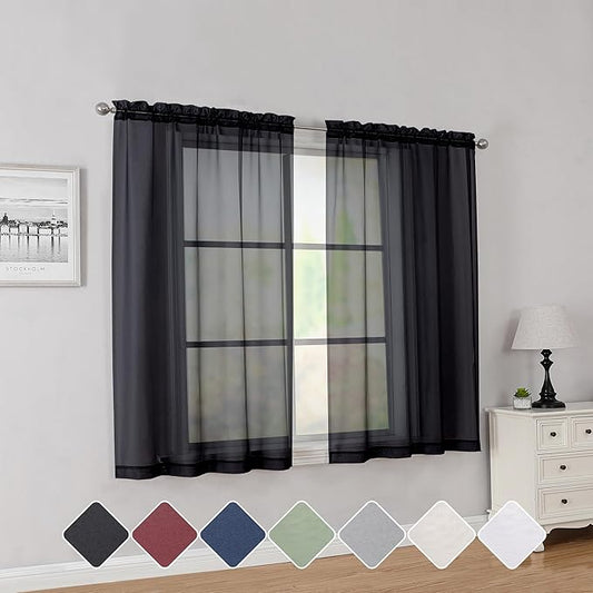 Simplebrand Black Short Sheer Curtains 45 Inch Length for Small Windows, Rod Pocket 2 Panels Set Solid Voile Drapes Window Sheer Curtains for Bedroom Bathroom Kids Room Kitchen, 42x45 Inch