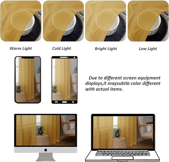 Chyhomenyc Gold Sheer Curtains 63 Inches Long 2 Panels, Light Filtering Bright Lightweight Curtains for Living Room, Soft Gentle Voile Rod Pocket Bedroom Window Drapes, 59Wx63L Inch, 2PCS