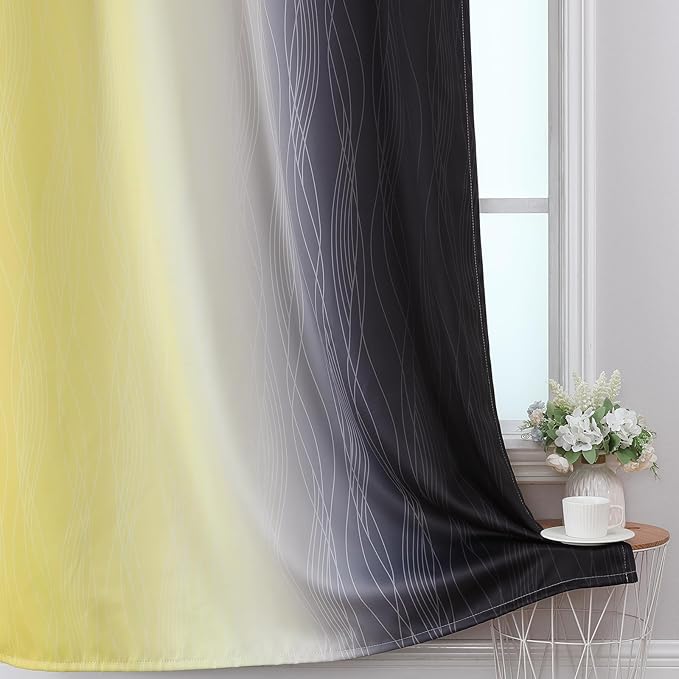 Estelar Textiler Yellow and Black Ombre Blackout Curtains 102 Inch Long, Thermal Insulated Grommet Drapes for Bedroom, Full Room Darkening Gradient Curtains for Living Room, 52Wx102L, 2 Panels