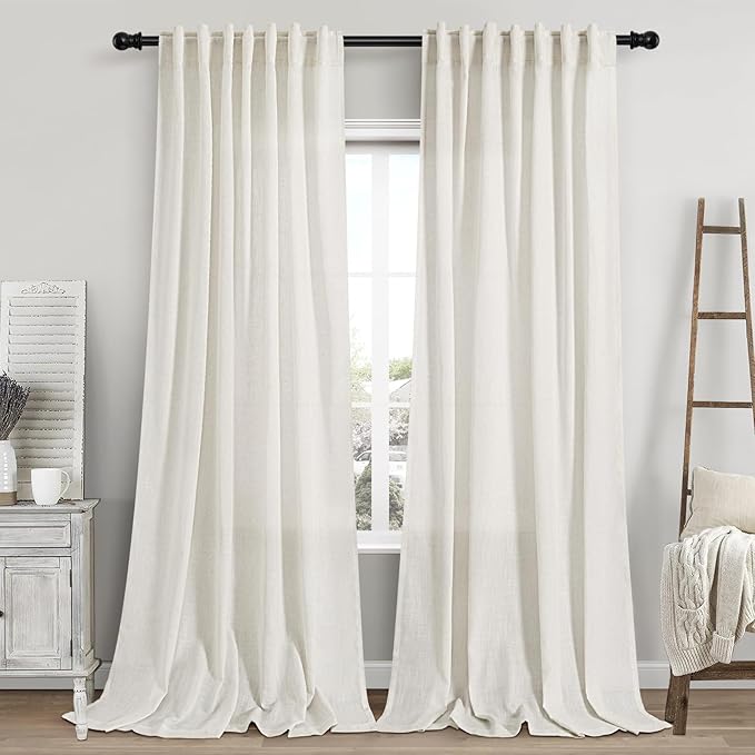 Nanspring Extra Long Curtains 2 Panels 116 Inches Long for Dinning Room Cream Back Tab Rod Pocket Light Filtering Semi Sheer Drapes Cotton Linen Textured Window Curtain for Bedroom 52x116