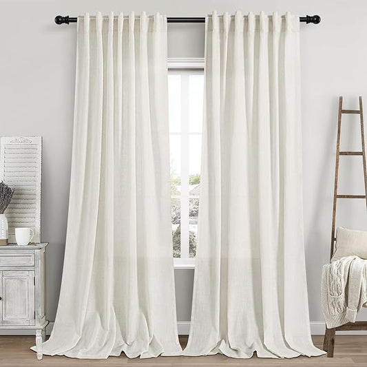 Linen Cream Curtains 118 Inch Extra Long for Living Room Back Tab Light Filtering Semi Sheer Drapes Modern Farmhouse Coastal Decor Cotton Textured Curtain for Floor to Ceiling Window 52x118