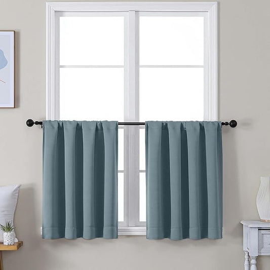 Simplebrand Ava Stone Blue Short 24 Inches Blackout Curtain 2 Panels Set, Half Window Rod Pocket Privacy Curtain Tiers for Kitchen, Curtains Blackout for Bathroom Shades, W30 x L24 Inch, Stone Blue