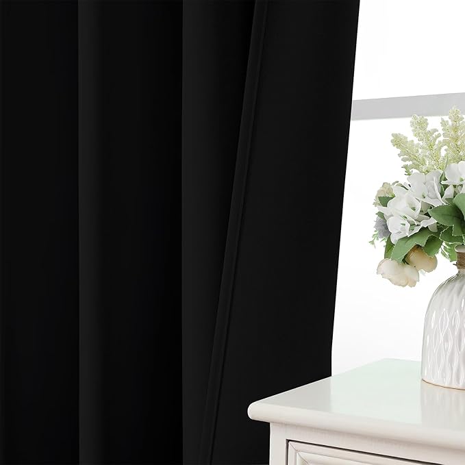 CUCRAF Black Blackout Curtains 96 inch Length 2 Panels Set, Rod Pocket Room Darkening Drapes for Bedroom Living Room, Insulated Thermal Light Blocking Window Curtain (W52 x L96 Inch)