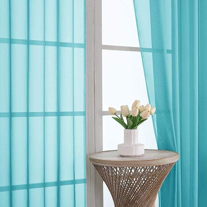 OVZME Turquoise Bedroom Curtains 2 Panel Sets 96 Inch Length, 59 Inch Extra Wide Light Filtering Voile Drapes Light Airy Window Drapes for Patio Door Living Room Bedroom Dining, 59Wx96L Inches